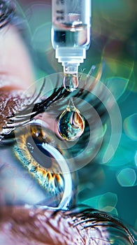 Macro shot of an eye receiving a drop from a medicine dropper, related to eye care, treatments, or pharmaceuticals