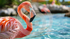 A macro shot of a flamingo in the ocean on a isle near the sea