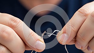 Close-up of hands threading white thread through a needle.