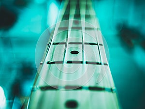 Macro shot of four strings electric bass guitar