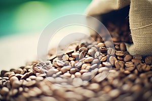 macro shot of fresh coffee beans in a burlap sack