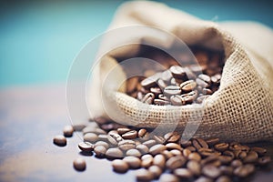 macro shot of fresh coffee beans in a burlap sack