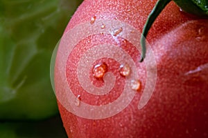 Macro shot of a fresh red tomato with water droplets on its surface photo