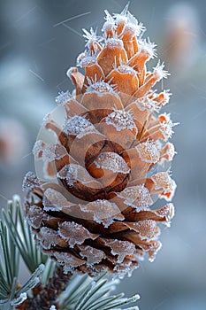 Macro shot of frost on a pine cone
