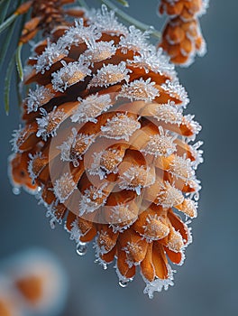 Macro shot of frost on a pine cone