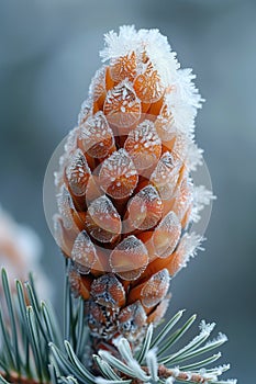 Macro shot of frost on a pine cone