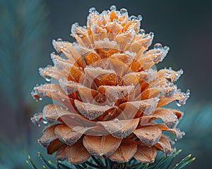 Macro shot of frost on a pine cone