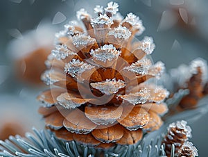 Macro shot of frost on a pine cone