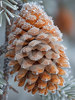 Macro shot of frost on a pine cone