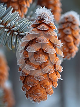 Macro shot of frost on a pine cone