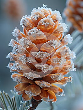 Macro shot of frost on a pine cone