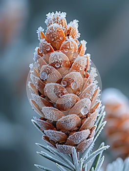 Macro shot of frost on a pine cone