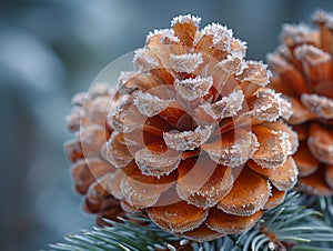 Macro shot of frost on a pine cone