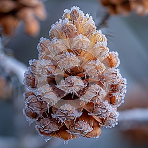 Macro shot of frost on a pine cone