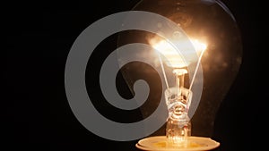 Macro shot of the glowing filament of an incandescent tungsten lightbulb