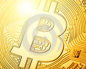 Macro shot of golden Bitcoin coin