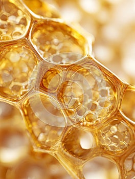 Macro shot of golden honeycomb structure showcasing translucent hexagonal cells creating a natural pattern with warm amber