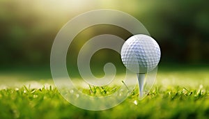 Macro shot of a Golf ball on tee ready to play, Close up in grass field