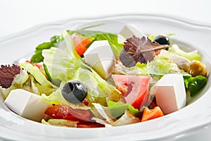 Macro Shot of Greek Salad in Light Plate Isolated on White Background