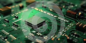 Macro Shot of a Green Electronic Circuit Board with Microprocessor