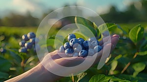 A macro shot of a hand holding a handful of freshlypicked blueberries with a background of lush green fields and a