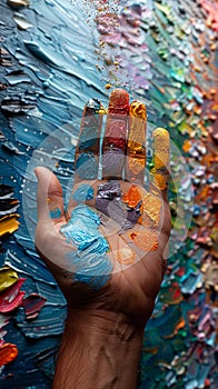 Macro shot of a hand mixing paint colors