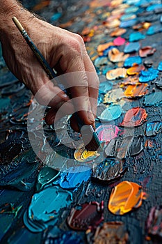 Macro shot of a hand mixing paint colors