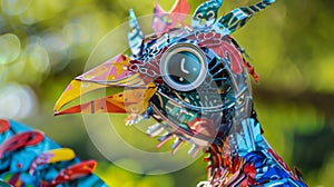 A macro shot of a handcrafted bird sculpture made from flattened and painted aluminum cans. The intricate details and