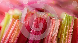 Macro Shot of a Heap of Raw Rhubarb Stalks Emphasizing Fibrous Texture and Vibrant Pink and Green Hues with Soft Focus
