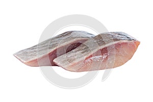 Macro shot herring fillet slices isolated on white background. Matie filet isolated. Fresh herring fish slice isolated