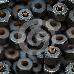 Rusted hexagonal nuts in a pile, industrial close-up