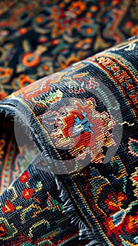 Macro shot highlighting the fine weave and colorful details of a Persian rug, emphasizing its texture and handwoven