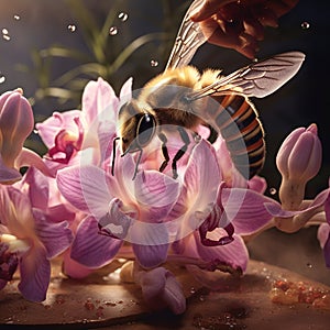 Macro Shot of a Honeybee Collecting Nectar from a Blossoming Orchid