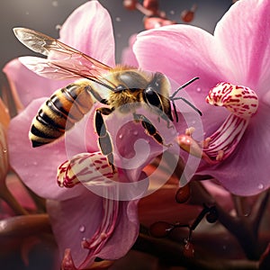 Macro Shot of a Honeybee Collecting Nectar from a Blossoming Orchid