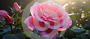 Close up of a pink hybrid tea rose with water drops