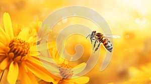 Macro shot illustration of a bee collecting pollen on a yellow blooming flower in a meadow. Seasonal spring background.