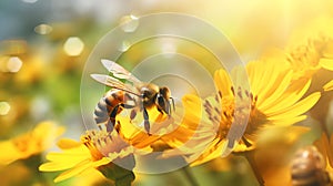 Macro shot illustration of a bee collecting pollen on a yellow blooming flower in a meadow. Seasonal spring background.