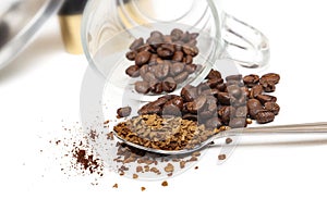 Macro shot of instant granules and beans coffee on a white