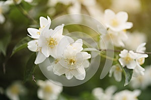 Macro shot of jasmine flowers blossoming in sunny summer day