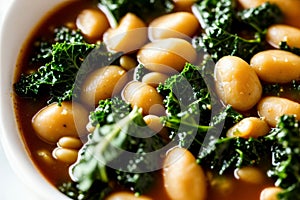 Macro shot of kale and white bean stew, focusing on the texture of the kale and the creaminess of the beans. AI