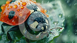 macro shot ladybug on Leaf with Water Droplets, Vivid Nature Detail