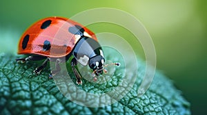 macro shot ladybug on Leaf with Water Droplets, Vivid Nature Detail
