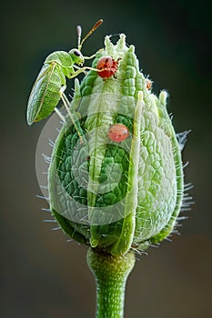 Macro Shot of Ladybugs and Green Insect on a Flower Bud Against a Soft Focus Background