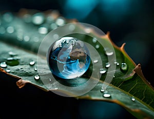 Macro shot of large Earth like drop on wet leaf