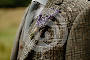 macro shot of a lavender boutonniere on a tweed jacket, outdoors