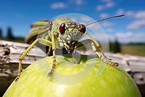 macro shot of a locust feasting on an apple in an orchard