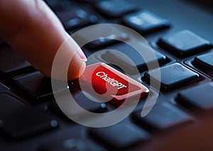 Macro Shot of a Man's Finger Activating the Red ChatGPT Key on a Keyboard for AI Conversations