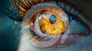 Macro shot of a man's eye with dilated pupil and unusual shell, long beautiful eyelashes photo