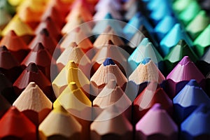 Macro shot of many colored pencils, forming a colorful background