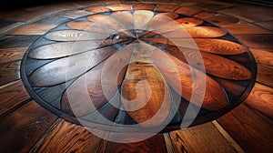 Macro shot of a marquetry hardwood floor featuring a stunning geometric design in varying shades of brown